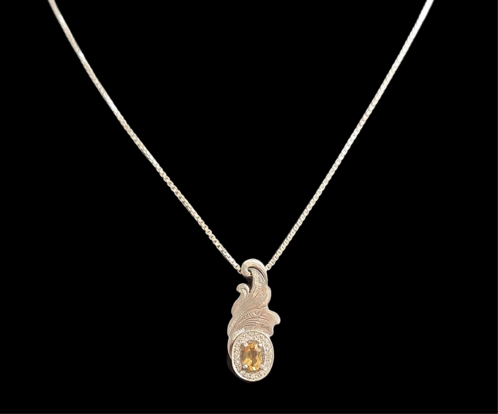 Silver ornamental style pendant w/ topaz and zircon and 18in silver box chain