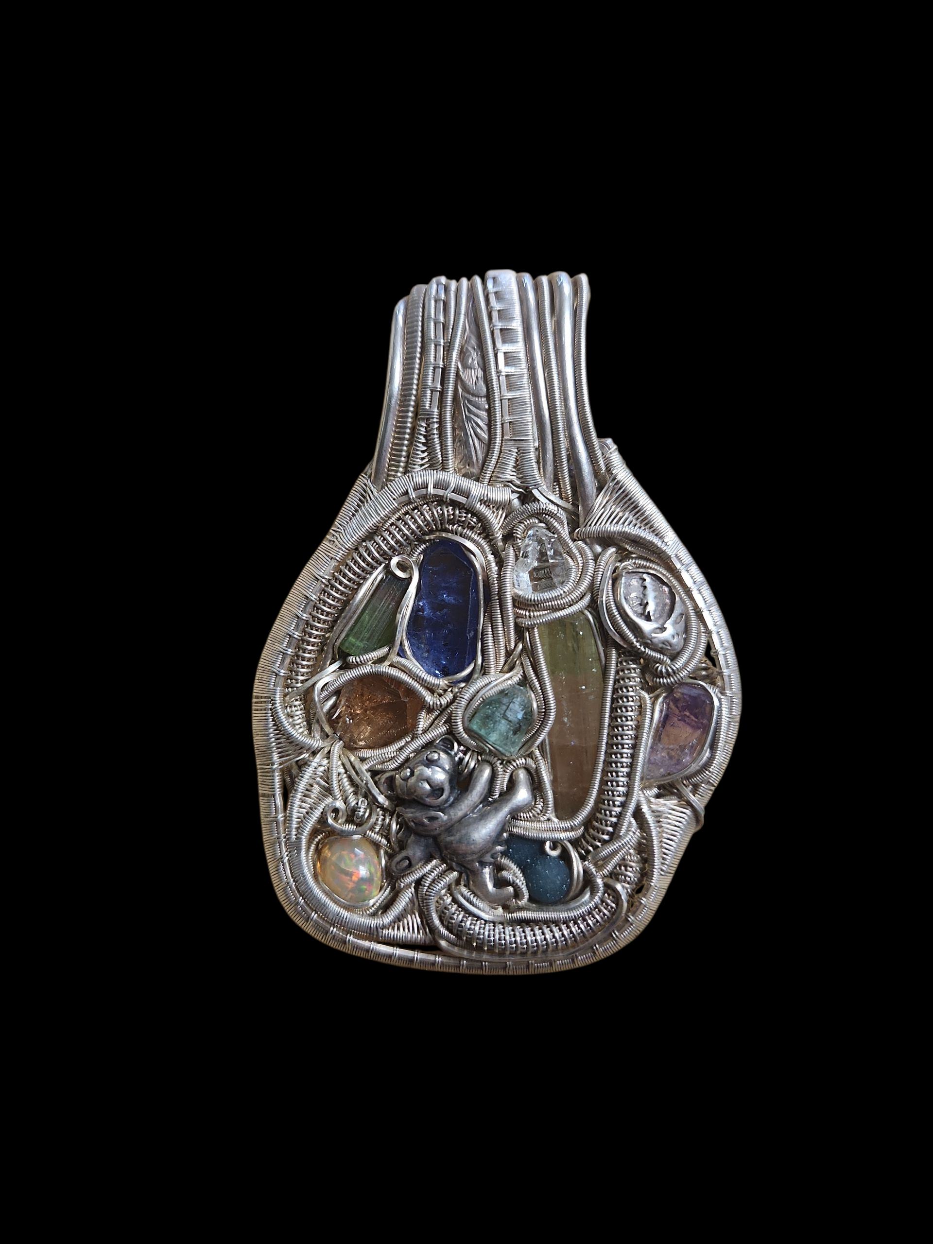 Silver GD-inspired wire wrapped pendant w/ gemstones