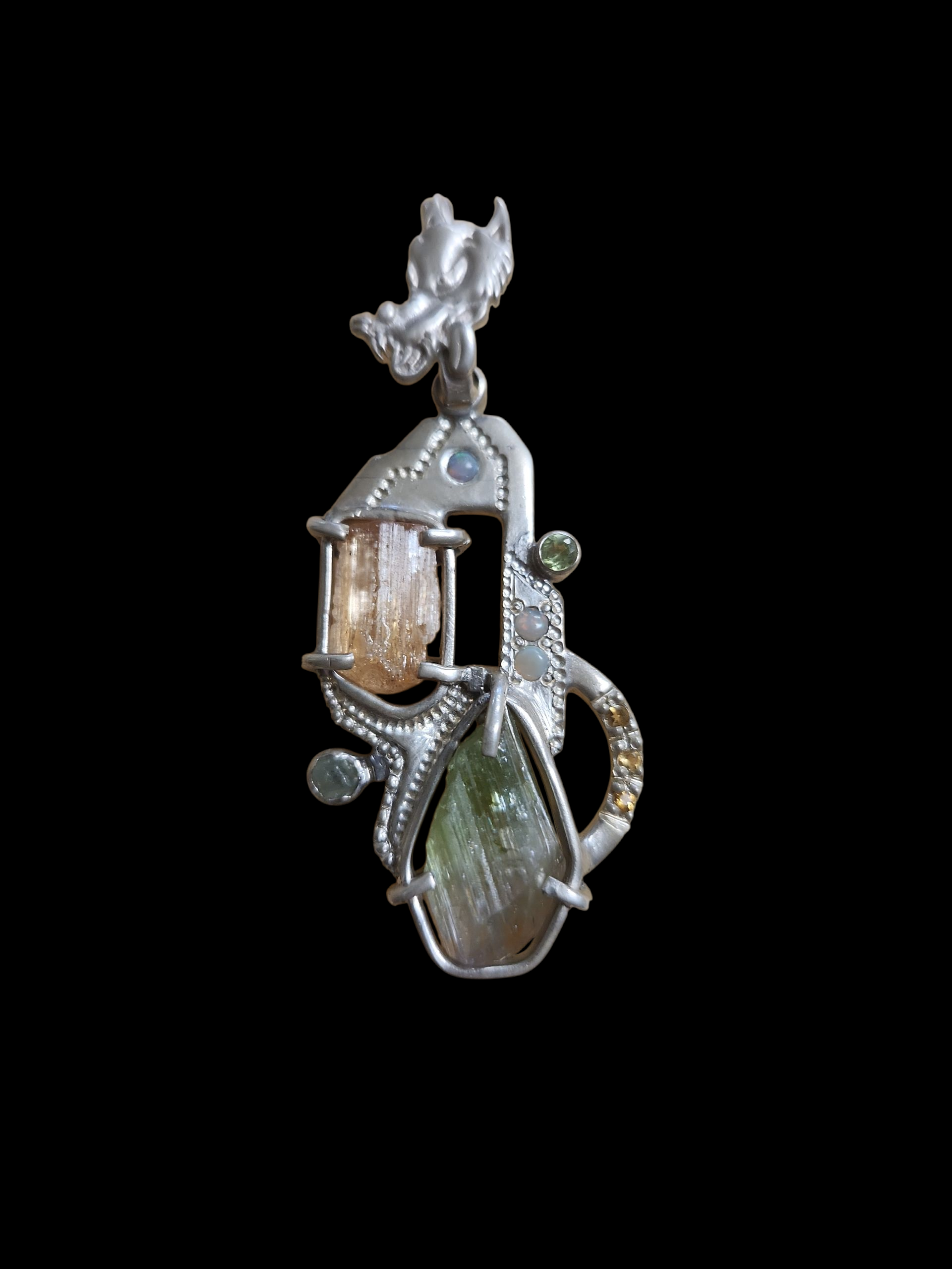 Silver GD-inspired pendant w/ topaz, tourmaline, garnet, opal, peridot.