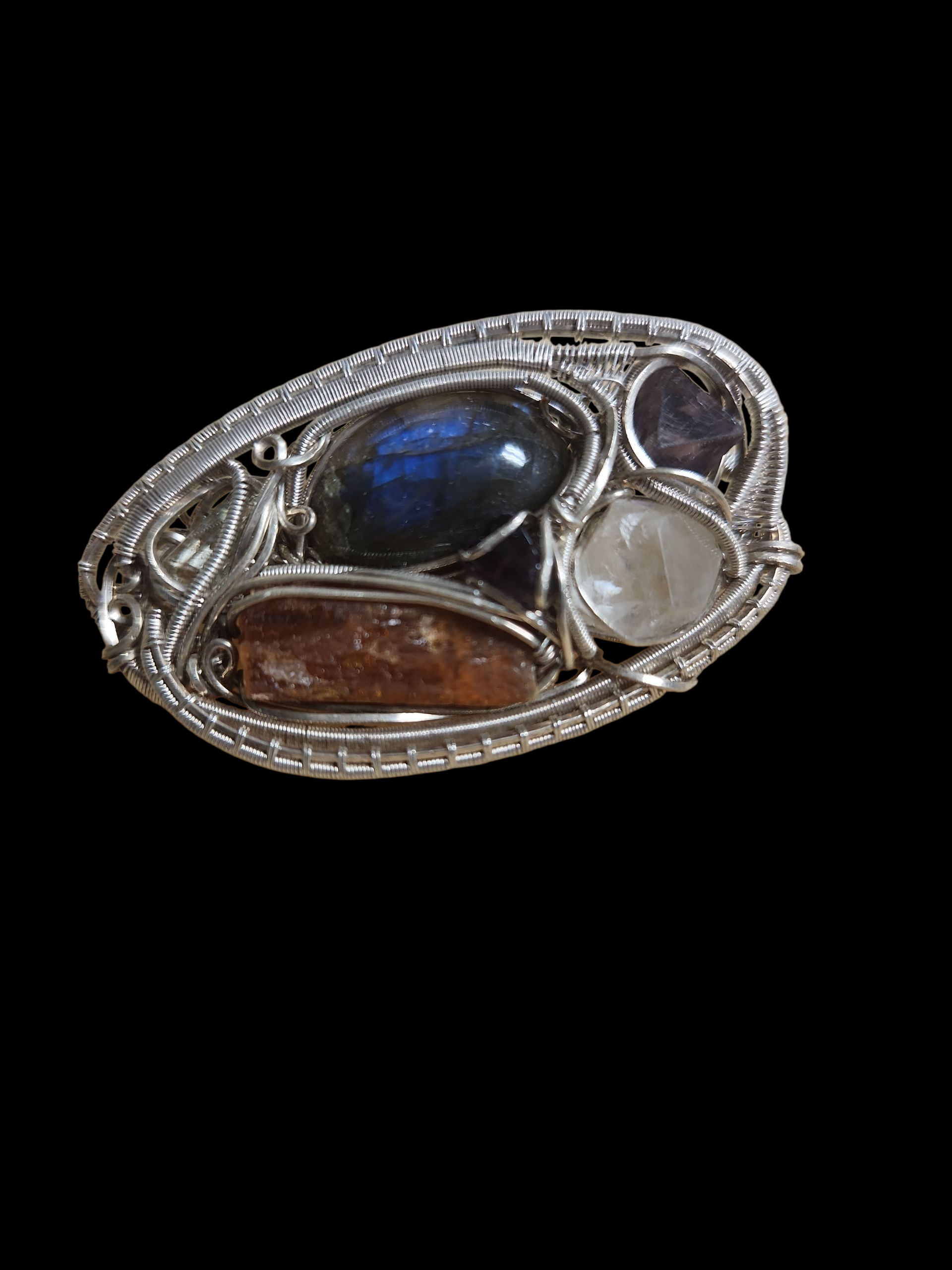 Silver wire wrapped pin w/ gemstones