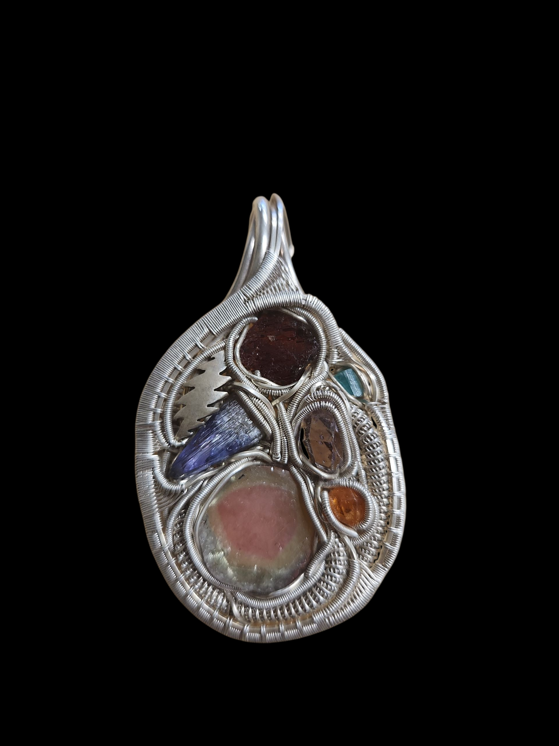 Silver GD-inspired wire wrapped pendant w/ gemstones