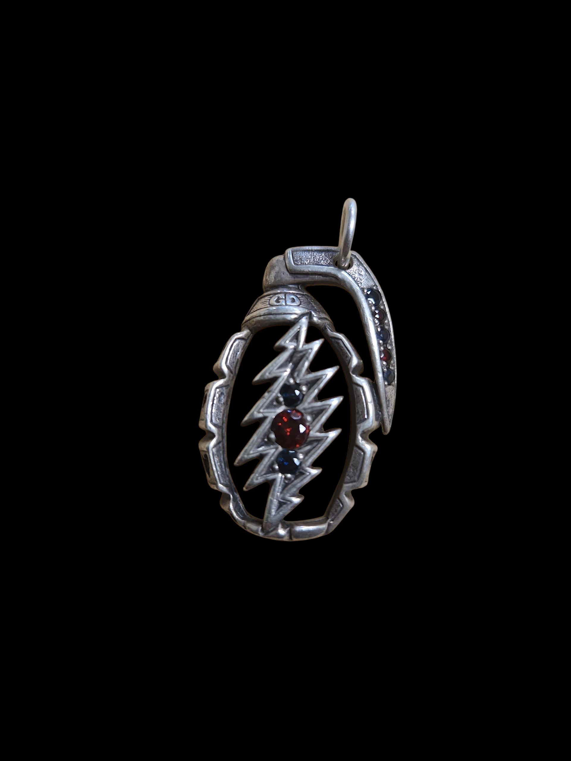 Silver GD-inspired "love" grenade pendant w/ garnet and sapphire