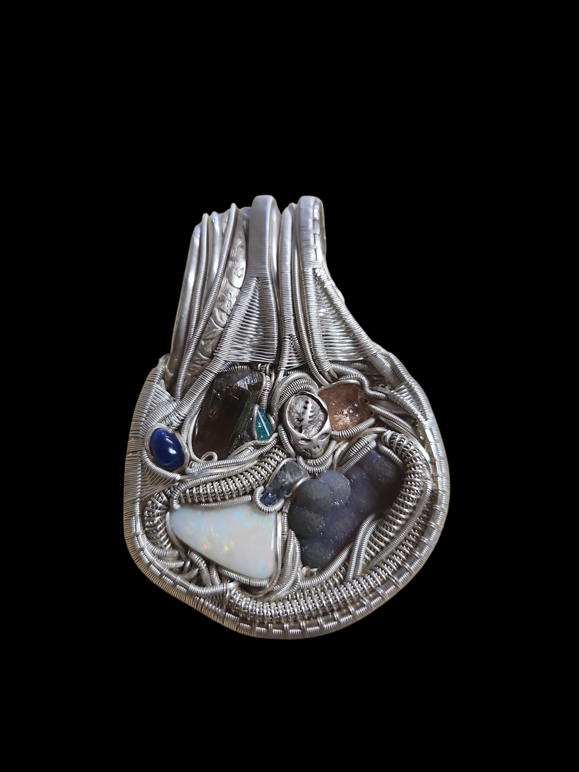 Silver GD-inspired wire wrapped pendant w/ gemstones