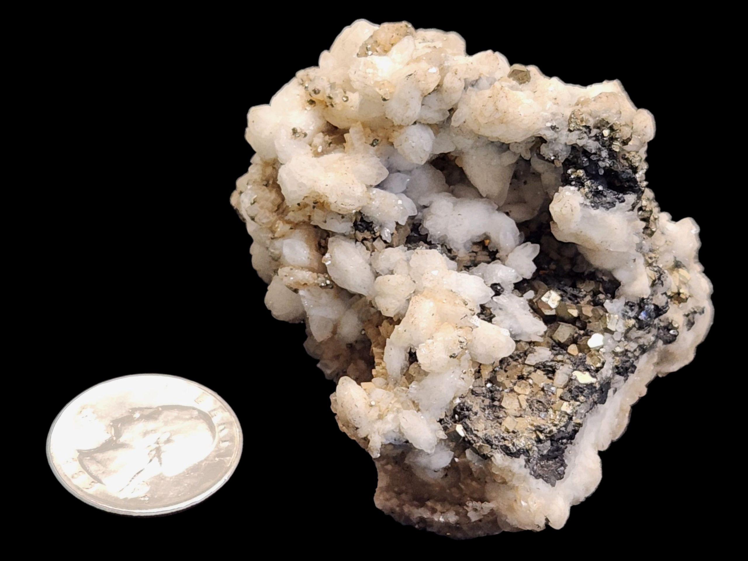 Calcite on barite w/ Pyrite and flourite