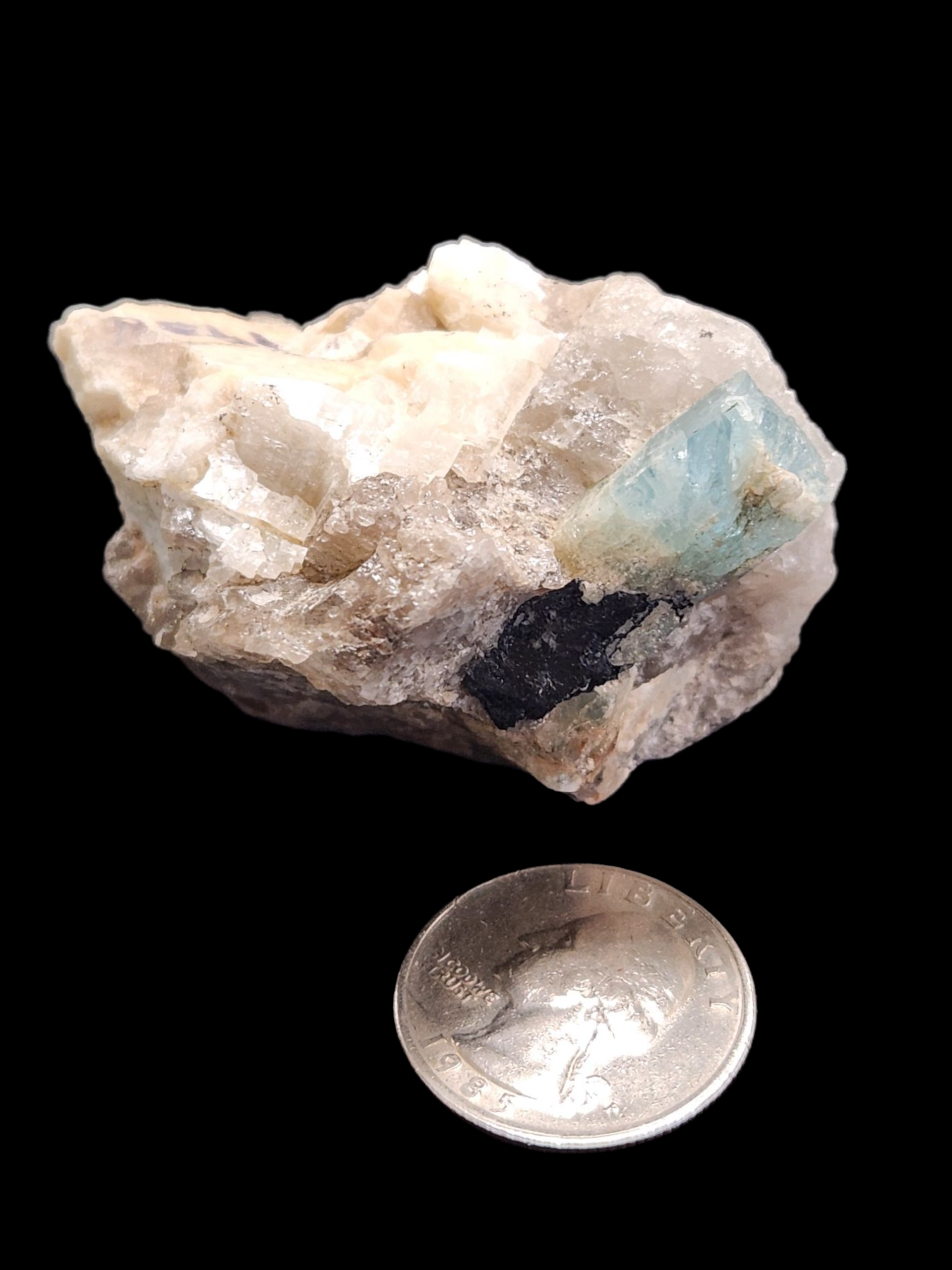 Aquamarine w/ black tourmaline on matrix