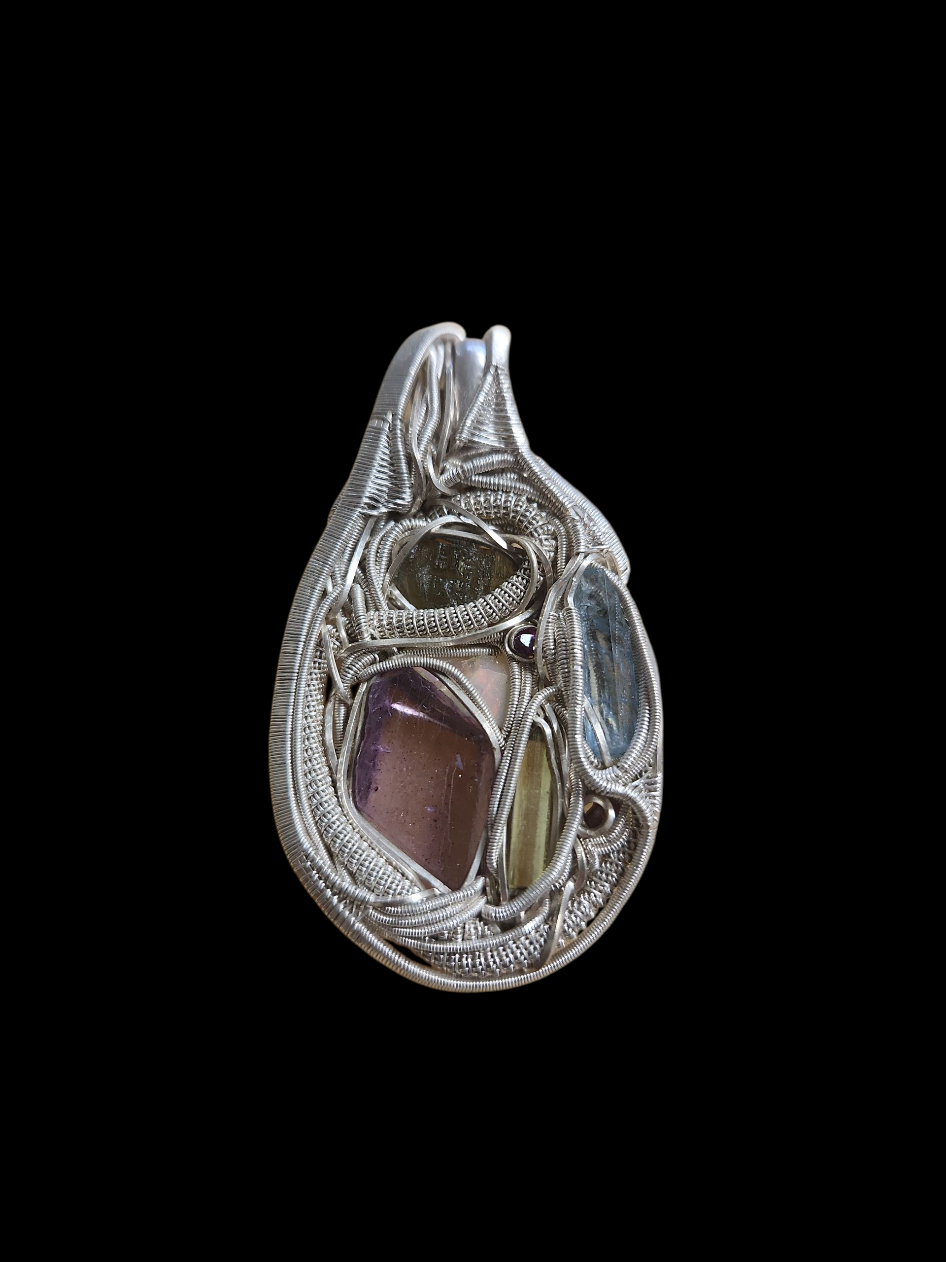 Silver wire wrapped pendant w/ gemstones