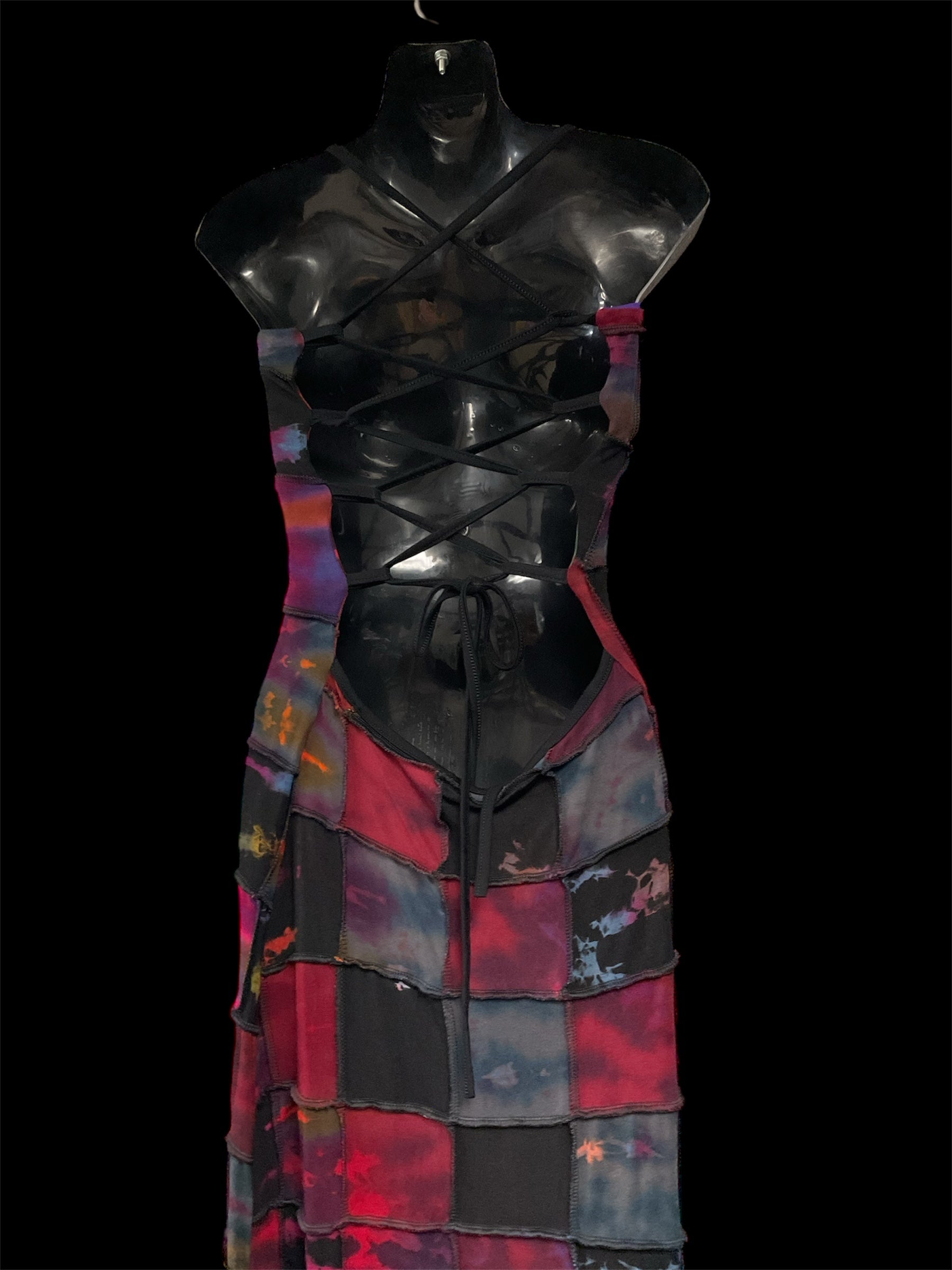 Long Tie-dyed Patchwork dress with tie back