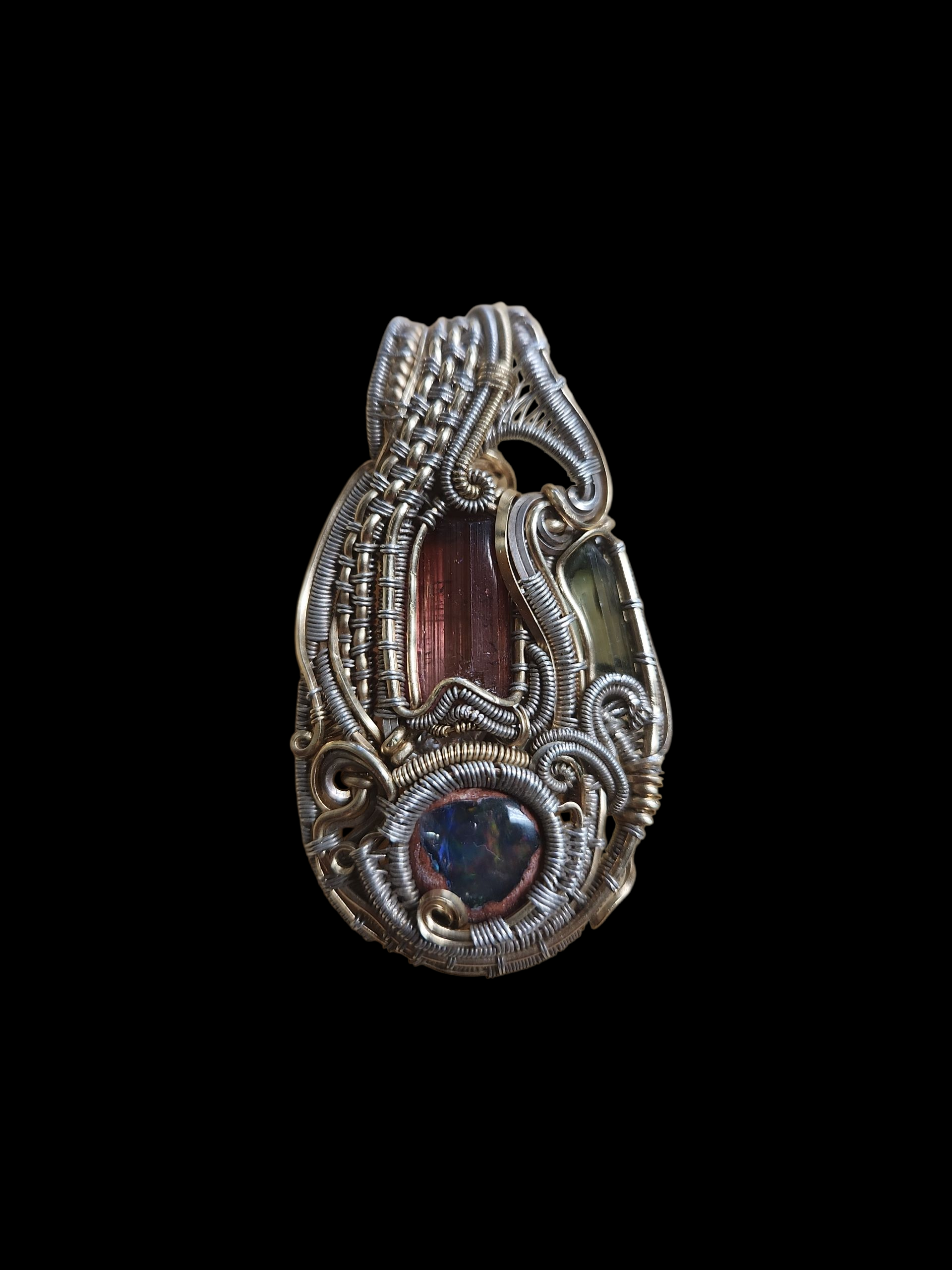 Sliver and 14k Gold wire wrapped pendant w/ gemstones